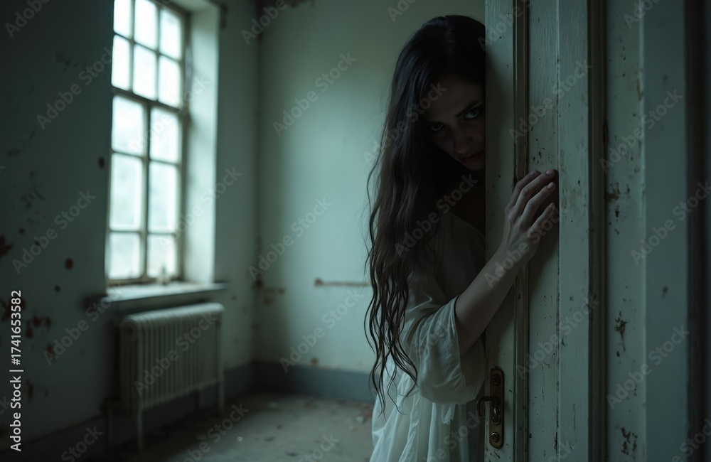 Fototapeta premium Scary woman hides behind old door. Creepy female peeks from doorway, spooky atmosphere in abandoned room. Dark mood, horror theme, unsettling presence.