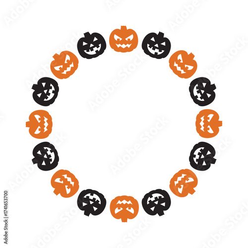 Halloween frame with black and orange pumpkins. Circle frame with jack-o-lantern pattern and copy space for text. Isolated decorative element for autumn holiday design, invitations, greeting cards