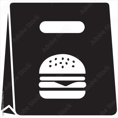 Black silhouette of a paper bag with a hamburger icon

