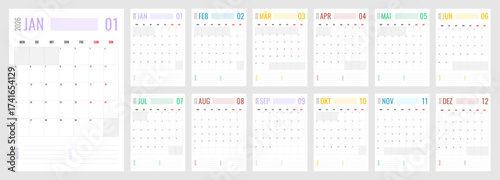 Colorful German 2026 calendar template set of 12 month vertical pages. Layout deutsch planner with space for notes. Week start on Monday