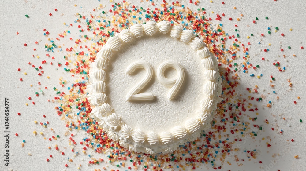 custom made wallpaper toronto digitalA delicious white birthday cake topped with the number 29, surrounded by colorful sprinkles for a festive celebration.
