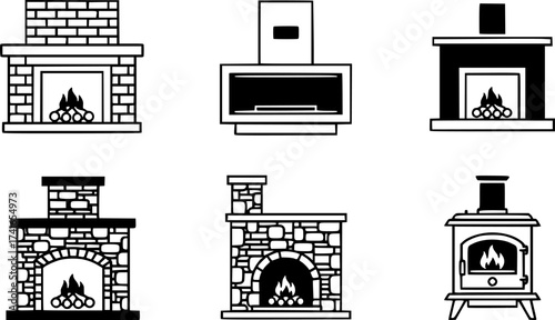 Set of fireplace vector icon