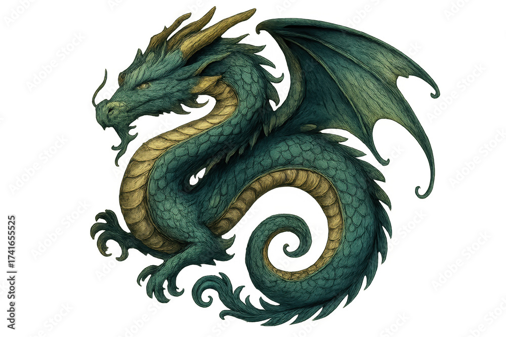 Fototapeta premium Green fantasy dragon mythical creature with wings