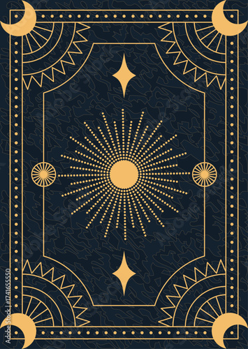 Mystical celestial sun and moon illustration with ornate geometric frame, golden rays, stars, and decorative border on dark blue background