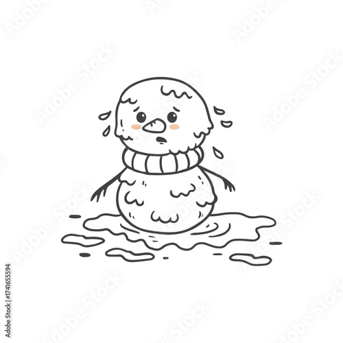 cute cartoon snowman melting. Sad snowman character in spring. Vector illustration