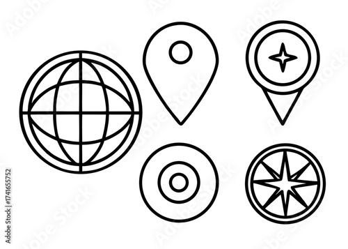 Bundle of 4 black vector icons map pin globe compass navigation location search and travel illustration scalable eps silhouette White background