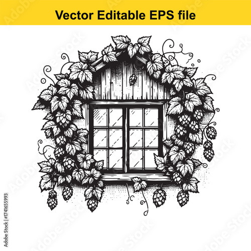 Vector art of window covered with hops and vines