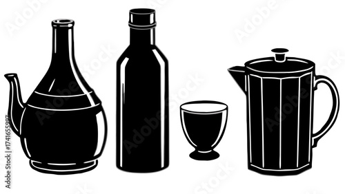 Vector silhouette bundle four elegant beverage containers coffee cup wine bottle teapot silhouette White background