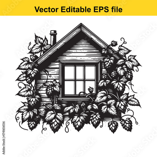 Vector art of rustic wooden house with hop vines growing around the window