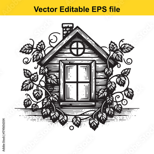 Vector art of charming wooden cottage with hop vines surrounding the window
