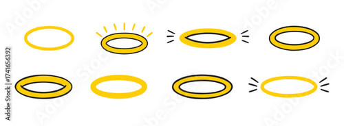 angels halo, nimbus doodle icon set. vector flat icon design yellow halo on white background. logo template halo element religion theme.