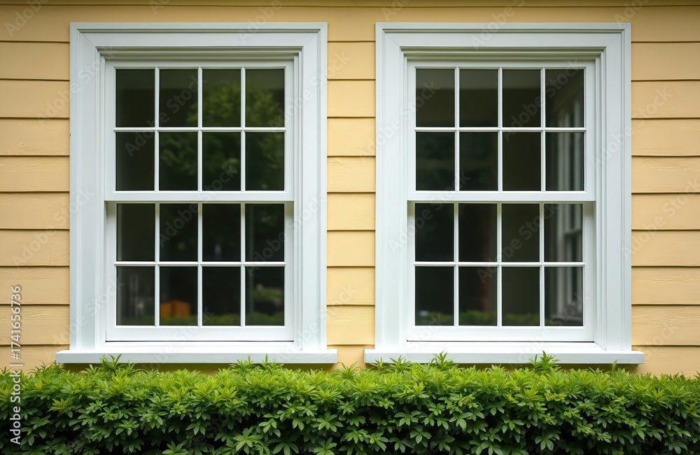 Fototapeta premium Two double hung windows on the yellow wooden wall. White trim frames the windows. Green bush sits at the bottom under the windows. Architectural details outdoor.