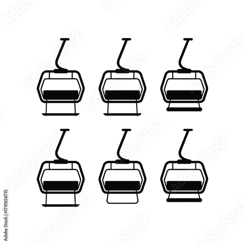 Six ski lift chairs in a row silhouette