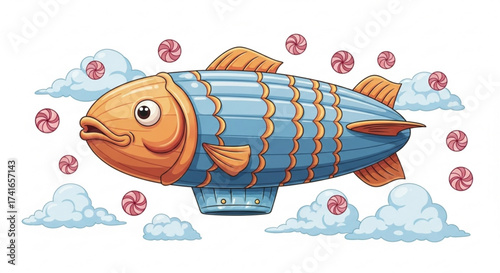 Illustration of a whimsical fish shaped airship floating among clouds and scattered pink and white candies