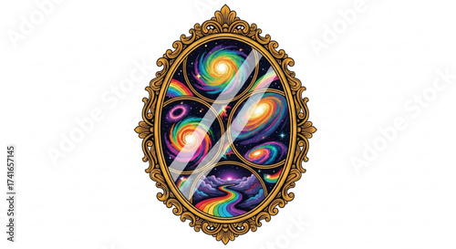 Ornate golden frame containing multiple views of colorful galaxies and a rainbow colored road scene