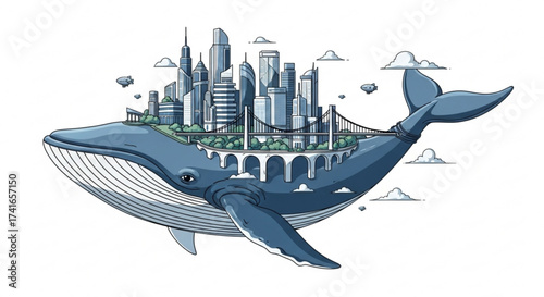 A whimsical illustration of a whale carrying a city on its back with bridges and airships in the sky above
