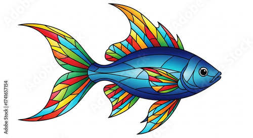 Illustration of a blue fish with colorful fins and tail in a stained glass style on a white background