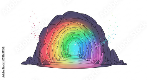 Illustration of a rainbow colored cave entrance with sparkling lights on a white background scene view