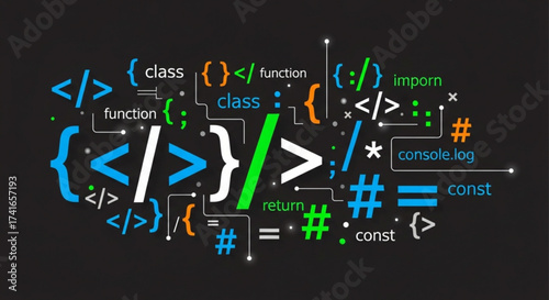 Illustration of programming code elements including class function return and console log syntax on dark background