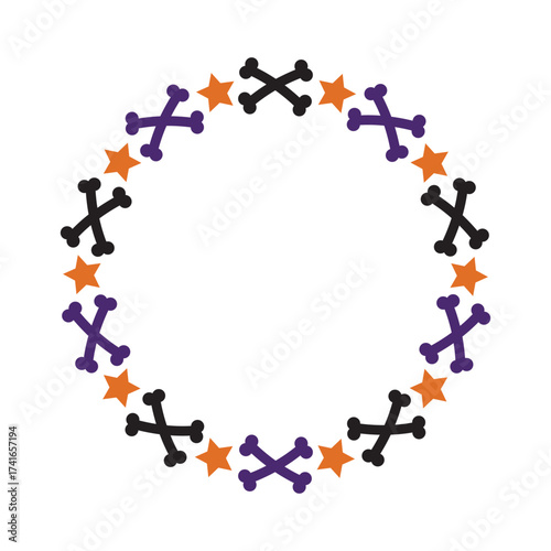 Vector Halloween simple frame with bones and stars. Circle frame with copy space for text. Isolated decorative element for autumn holiday design, invitations, greeting cards, banners, posters