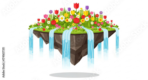 Floating island with lush greenery, colorful flowers, and cascading waterfalls in a whimsical landscape