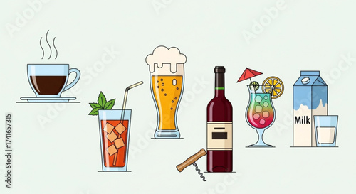 Illustration showcasing various beverages including coffee beer wine cocktail and milk carton drinks