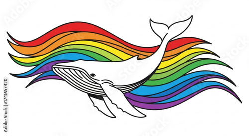 Illustration of a white whale swimming in front of a rainbow wave design on a white background art work