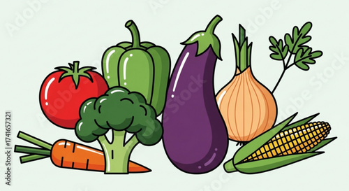 Illustration of a variety of fresh vegetables including tomato carrot broccoli pepper eggplant onion and corn
