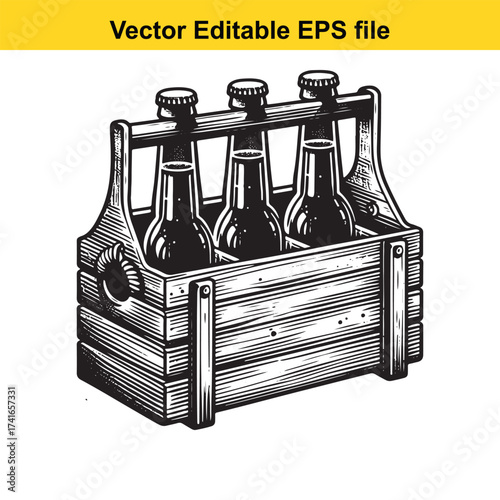 Vector art of wooden crate with three beer bottles