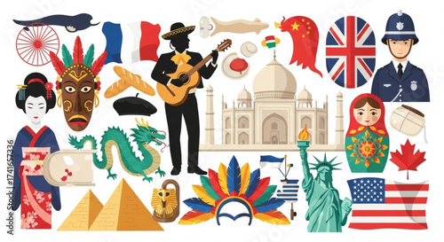 Diverse cultural icons and landmarks representing various countries and traditions are displayed