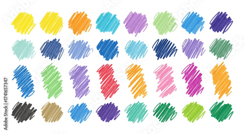 Collection of Vibrant Colored Scribbled Shapes Displayed in a Grid Pattern Suggesting Creativity and Art Supplies for Diverse Projects