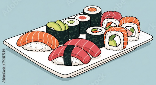 Assorted sushi platter with nigiri maki and uramaki rolls on a white rectangular plate against a light blue background