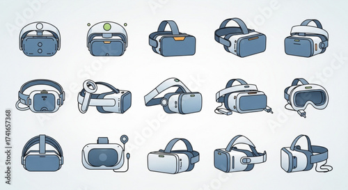 Collection of fifteen virtual reality headsets in various styles and designs on a white background