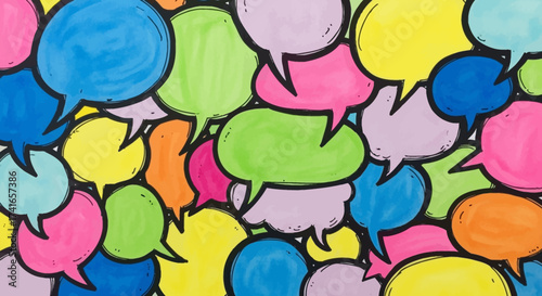 A Vibrant Multicolored Abstract Background Composed of Many Hand-Drawn Speech Bubbles Showing Communication and Dialogue in Various Bright Hues