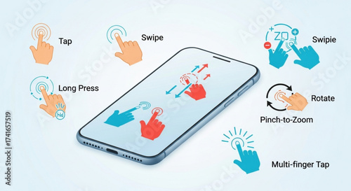 Illustration showing different touch gestures on a smartphone screen including tap swipe rotate and pinch zoom