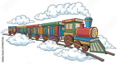 Illustration of a book train with colorful carriages and steam clouds on railroad tracks above clouds