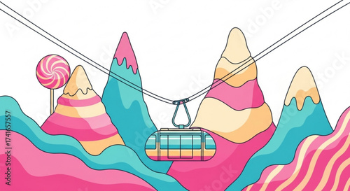 Illustration of a cable car traveling between colorful mountains with a lollipop on the side view