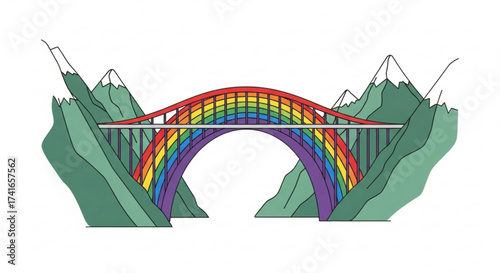 Illustration of a rainbow bridge spanning between two mountains with snow capped peaks and green slopes