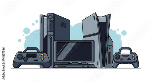 Illustration of various gaming consoles and controllers arranged together on a white background space