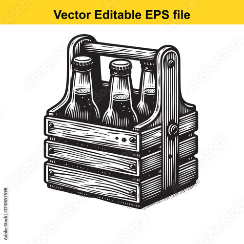Vector art of wooden crate with three beer bottles