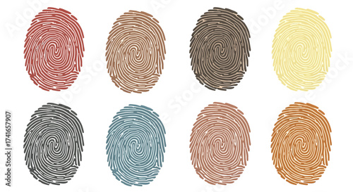 A Collection of Eight Fingerprints in Various Vibrant Colors and Shades Representing Diversity and Individuality