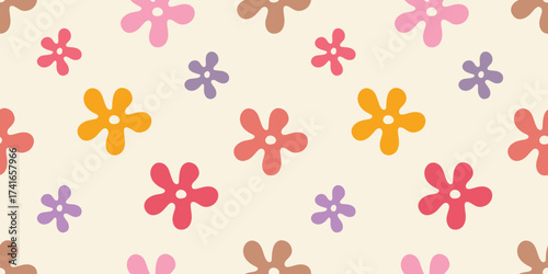 Seamless pattern with colorful abstract daisy flowers on a light background