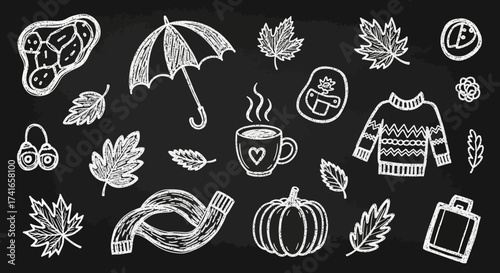 Chalkboard Autumn Doodle Collection Featuring Seasonal Symbols and Cozy Elements Perfect for Fall Themed Designs and Decorations