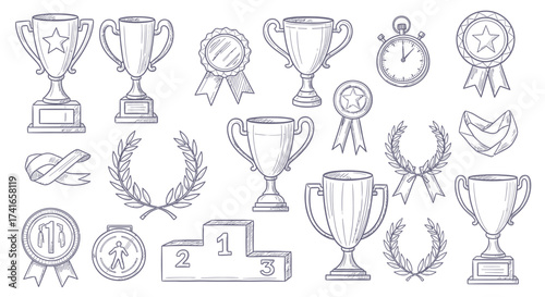 Collection of Award Trophies Medals Ribbons and Laurel Wreaths Representing Achievement and Victory