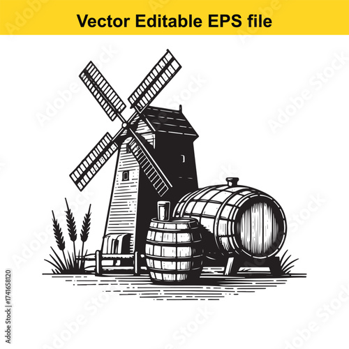 Vector art of windmill and wooden barrels with wheat stalks