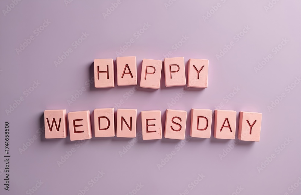 Obraz premium Pink letter tiles spell Happy Wednesday words. Simple message on light purple background brings mid-week cheer, daily motivation, positive vibes. Bright greeting for digital content, social media,