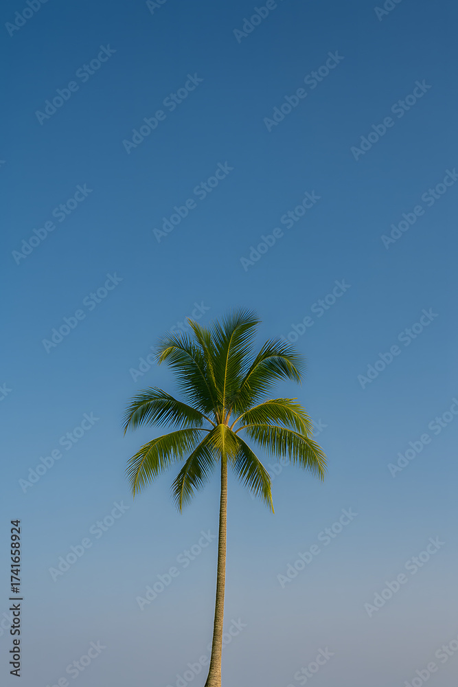 Fototapeta premium Single palm tree against clear blue sky, tropical nature minimalism, vertical photo