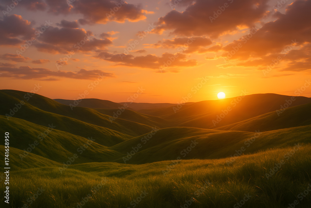 Obraz premium Sunset over rolling green hills landscape with golden sunlight, scenic nature view horizontal
