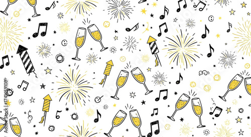 Sparkling Celebration with Festive Fireworks and Musical Notes Creating a Joyful Atmosphere for Special Occasions