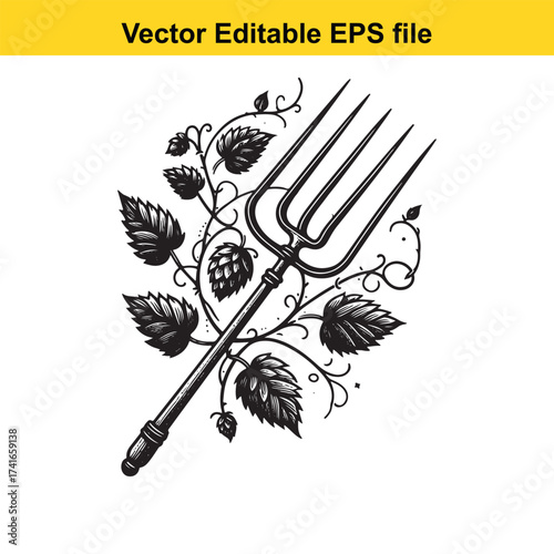 Vector art of pitchfork with hop plant and leaves